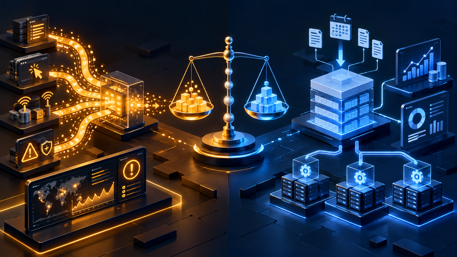 Visual comparison of ClickHouse event analytics and Snowflake governed warehouse workloads