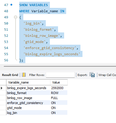 MySQL administration screen showing CDC prerequisites