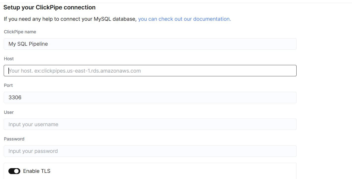 ClickPipe MySQL connection fields