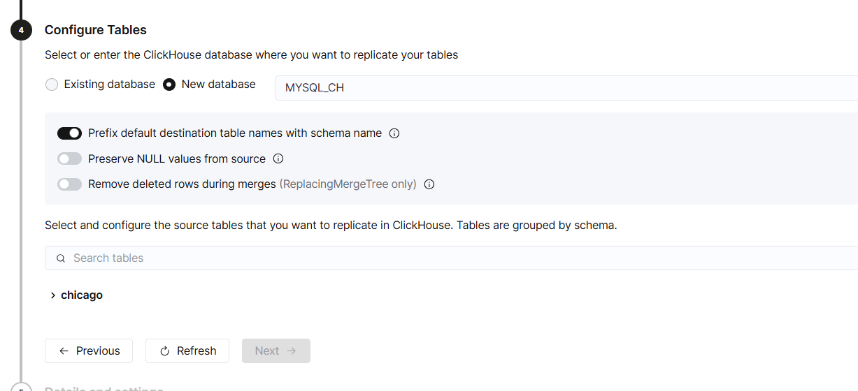 Destination database and source tables